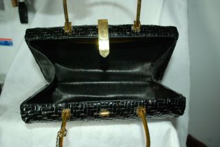 Vintage Koret 1960 ' s Woven Wicker Purse Bag - BLACK w/ Brass Hardware 7