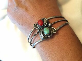 Vtg Native American Sterling Silver Navajo Turquoise Coral Leaf Cuff Bracelet