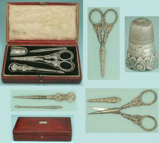 Antique Cased Sterling Silver Sewing Set,  Scissors,  Thimble,  Needle Case C1830