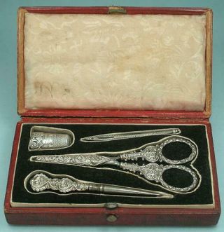 Antique Cased Sterling Silver Sewing Set,  Scissors,  Thimble,  Needle Case C1830 2