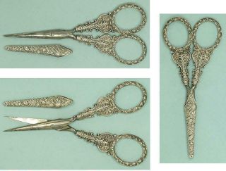 Antique Cased Sterling Silver Sewing Set,  Scissors,  Thimble,  Needle Case C1830 3
