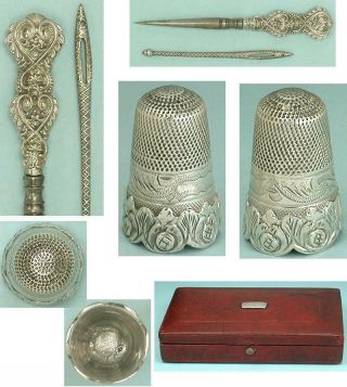 Antique Cased Sterling Silver Sewing Set,  Scissors,  Thimble,  Needle Case C1830 4