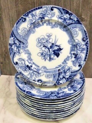 Set Of 12 Pearl Ware Argyle Flow Blue Aesthetic Dinner Plates 10 5/8 " Antique