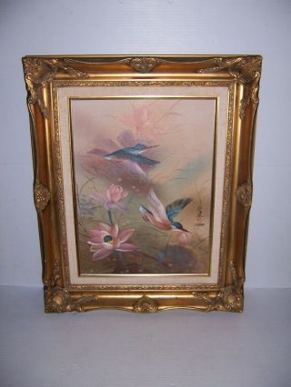 Vintage Framed Oriental Japanese Birds & Flower Painting On Canvas Signed
