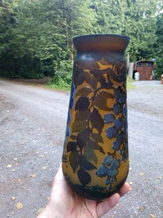 Vintage Cameo Art Glass Vase Blue Flowers Wisteria Galle Tip Huge 11 