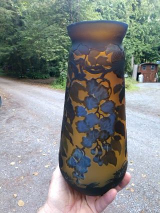 Vintage Cameo Art Glass Vase Blue Flowers Wisteria Galle Tip Huge 11 