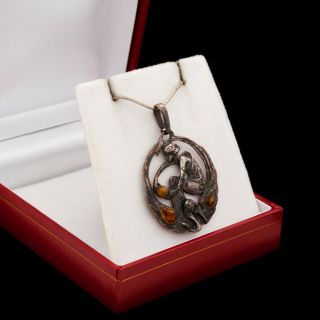 Antique Vintage Art Nouveau Style Sterling Silver Amber Figural Pendant Necklace