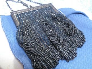 Antique Vtg 1920 ' s Black Beaded Formal Evening Purse Bag Ornate Silver Frame 3