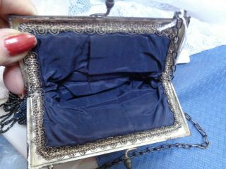 Antique Vtg 1920 ' s Black Beaded Formal Evening Purse Bag Ornate Silver Frame 5