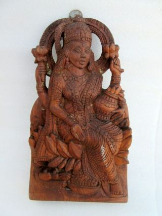 Vintage Old Rare Hand Craved Wooden Hindu Money Goddess Laxmi Figure Wall Panel