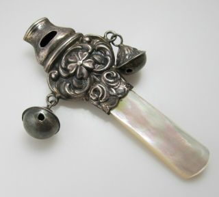 Antique Baby Rattle Bell Nanny Whistle Sterling Silver Mother Of Pearl Vintage