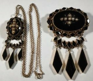 Antique 1920’s Onyx / Pearl Brooch And Pendant W/14k Gold Necklace
