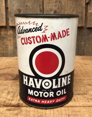 Vintage Advance Custom Made Havoline Motor Oil Gas Station 1 Quart Metal Can Nos
