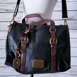 Fossil Long Live Vintage 1954 Black And Brown Leather Large Crossbody Bag