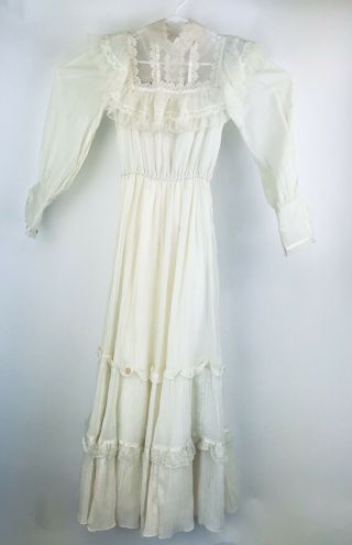 Vintage Gunne Sax Ivory White Prairy Wedding Modest Lace Ruffle Dress Sz Xs S