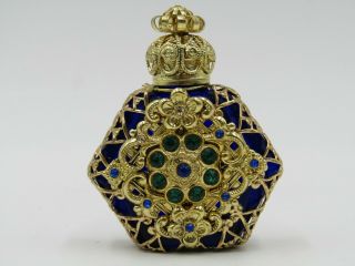 Vintage Hand Made Cobalt Blue Gold Tone Floral Bohemian Glass Perfume Bottle