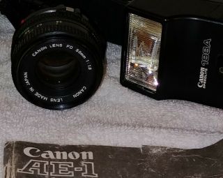 Vintage Canon AE - 1 Program 35mm SLR Camera with 50mm 1:1.  8 Lens,  strap & flash. 6