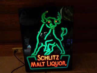 Schlitz Beer Sign Lighted Neo - Neon Beer Sign Vintage Malt Liquor Bull