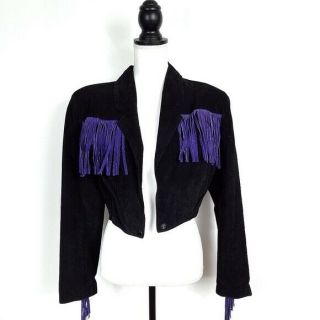 Vintage 1980s Suede Leather Fringe Cropped Jacket Large Southwest Western Black