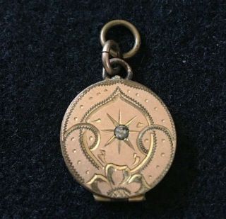Antique Bb Co.  Small Circle Golden Engraved Locket With Paste? Stone & Photo