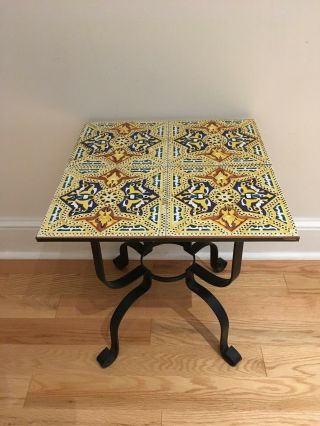 Vintage Wrought Iron & Tile Mission Arts Crafts Style Table Yellow Blue Tiles