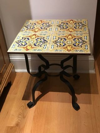 Vintage Wrought Iron & Tile Mission Arts Crafts Style Table yellow blue tiles 2