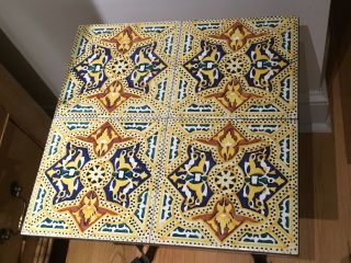 Vintage Wrought Iron & Tile Mission Arts Crafts Style Table yellow blue tiles 5
