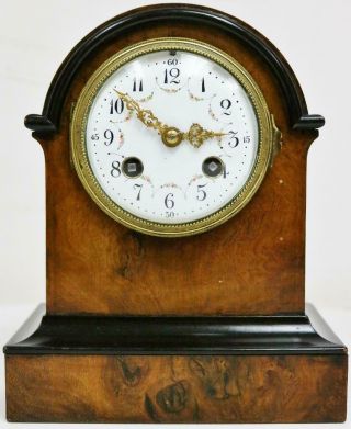 Small Antique French 8 Day Arched Top Walnut & Ebony Bell Striking Mantel Clock