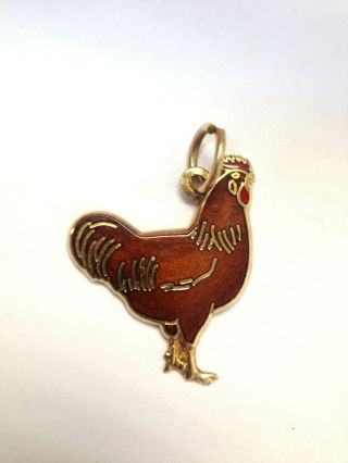 Vintage Enamel 14k Yellow Gold Rooster Chicken Charm Pendant