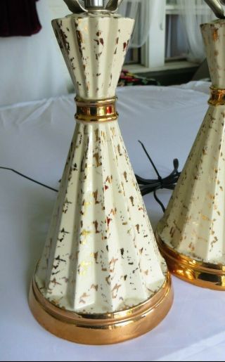 Pair Vintage Mid Century White Gold Speckled Bedside Lamps Retro Vntg Harps 19 "