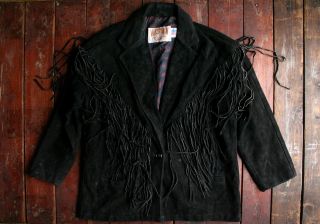 Vtg Schott Black Suede Leather Fringed Western Jacket Boho Hippie Biker Uk 14/16