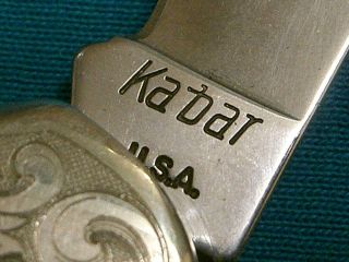 NM VINTAGE KABAR KA - BAR USA DOGS HEAD ENGRAVED CANOE FOLDING KNIFE KNIVES POCKET 7