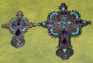 Vintage Matl Matilde Poulat Signed Silver Amethyst Turquoise Coral Cross Pendant 10
