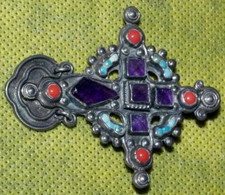 Vintage Matl Matilde Poulat Signed Silver Amethyst Turquoise Coral Cross Pendant