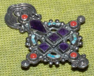 Vintage Matl Matilde Poulat Signed Silver Amethyst Turquoise Coral Cross Pendant 2
