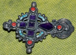 Vintage Matl Matilde Poulat Signed Silver Amethyst Turquoise Coral Cross Pendant 3