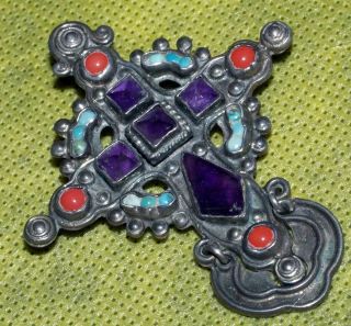Vintage Matl Matilde Poulat Signed Silver Amethyst Turquoise Coral Cross Pendant 4