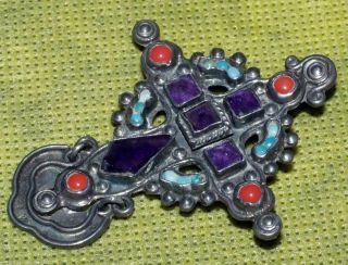 Vintage Matl Matilde Poulat Signed Silver Amethyst Turquoise Coral Cross Pendant 5