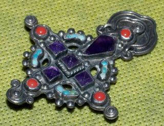 Vintage Matl Matilde Poulat Signed Silver Amethyst Turquoise Coral Cross Pendant 6