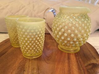 Vintage Fenton Topaz Yellow Opalescent Hobnail Squat Pitcher And Two Glasses