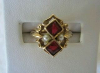 Vintage 10k Yellow Gold Ring With Pearls & Red Stone (garnet?)