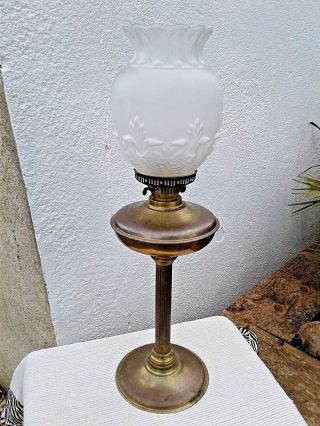 Large Vintage Brass Oil Lamp With Opalescent Pressed Glass Shade 26 "