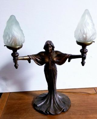 Antique Art Nouveau French Lady Holding Torches Spelter Lamp
