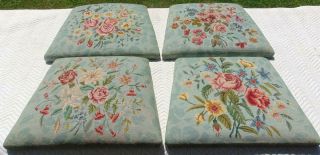 (4) Antique Vintage Petit Point Needlepoint Chair Seat Covers Rose Lily Floral