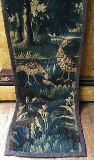 Magnificent Antique French Aubusson Verdure Wall Hanging Hand Made 16x90” 18th C