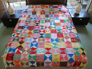 Vintage Feed Sack Machine Pieced Hourglass Quilt Top Novelty Prints Galore; Twin