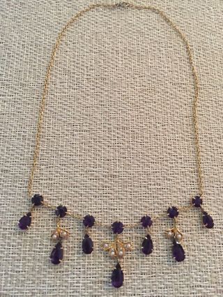 Antique 14k Gold Necklace With Amethysts And Pearls In A Leaf Design.