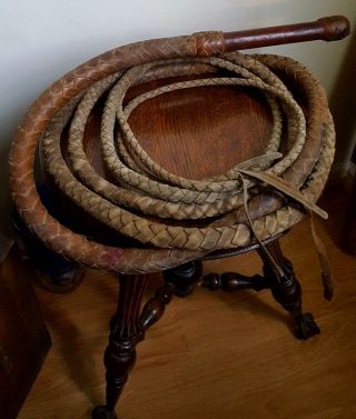 Bullwhip Leather Braided Swivel Handle Massive Reach At 16 Feet Vintage Antique