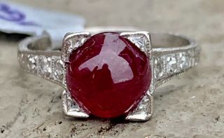 Vintage Art Deco Cabochon Ruby And Diamond Engagement Ring In Platinum Sz 4.  5