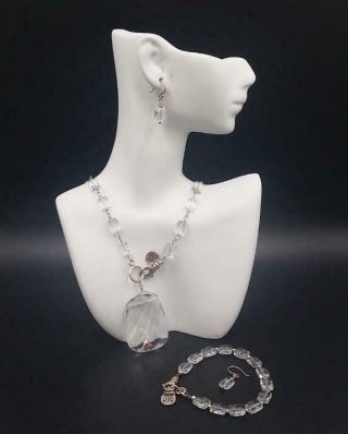 Vtg Signed Th Sterling Silver Faceted Clear Quartz Necklace Bracelet Earring Set